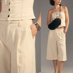 Anthropologie Pilcro Cargo Culottes Light Sand wide leg crop linen blend 2